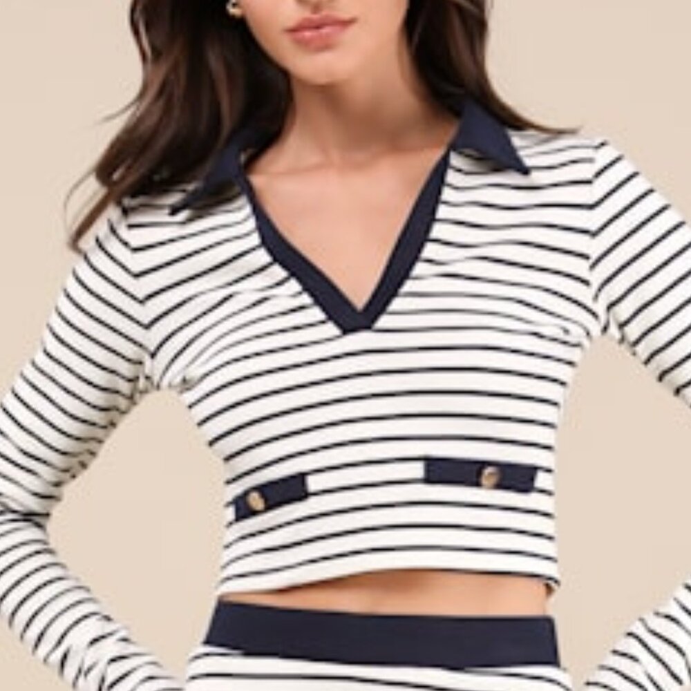 Lulus Uptown Aura Ivory Striped Long Sleeve Top White - Size S